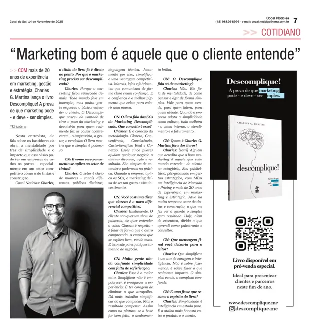 Página do jornal Tribuna de Notícias com a entrevista “Marketing bom é aquele que o cliente entende”